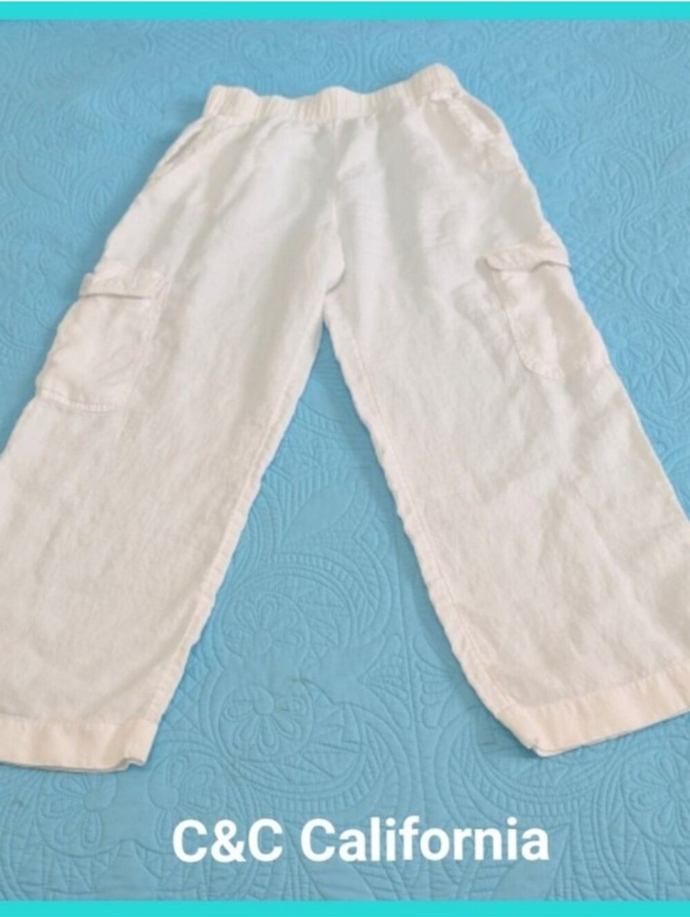 C&C California White Linen Baggy pull-on Wide Leg Cargo Pants 2 snap pockets - Picture 4 of 13